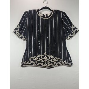 Vintage Stenay Women's Size Large Beaded Sequin 100% Silk Top Blouse Shirt